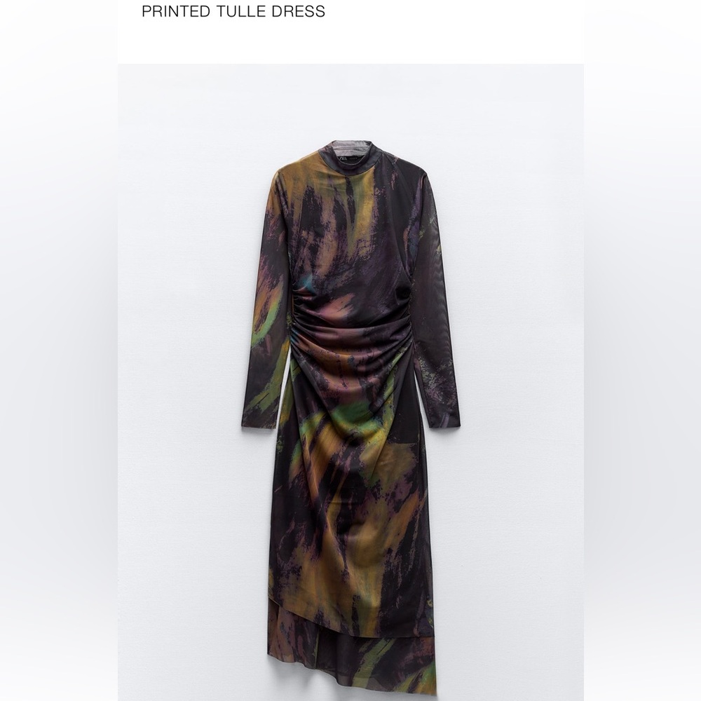 EUC ZARA PRINTED OPEN BACK MIDI TULLE DRESS SIZE M LONG SLEEVES